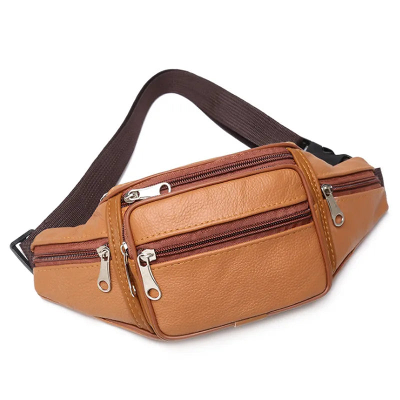 Fashion Men Leather Fanny Bag for Phone Pouch Male Leather Messenger Bags Brand Fanny Pack Male Travel Waist Bag