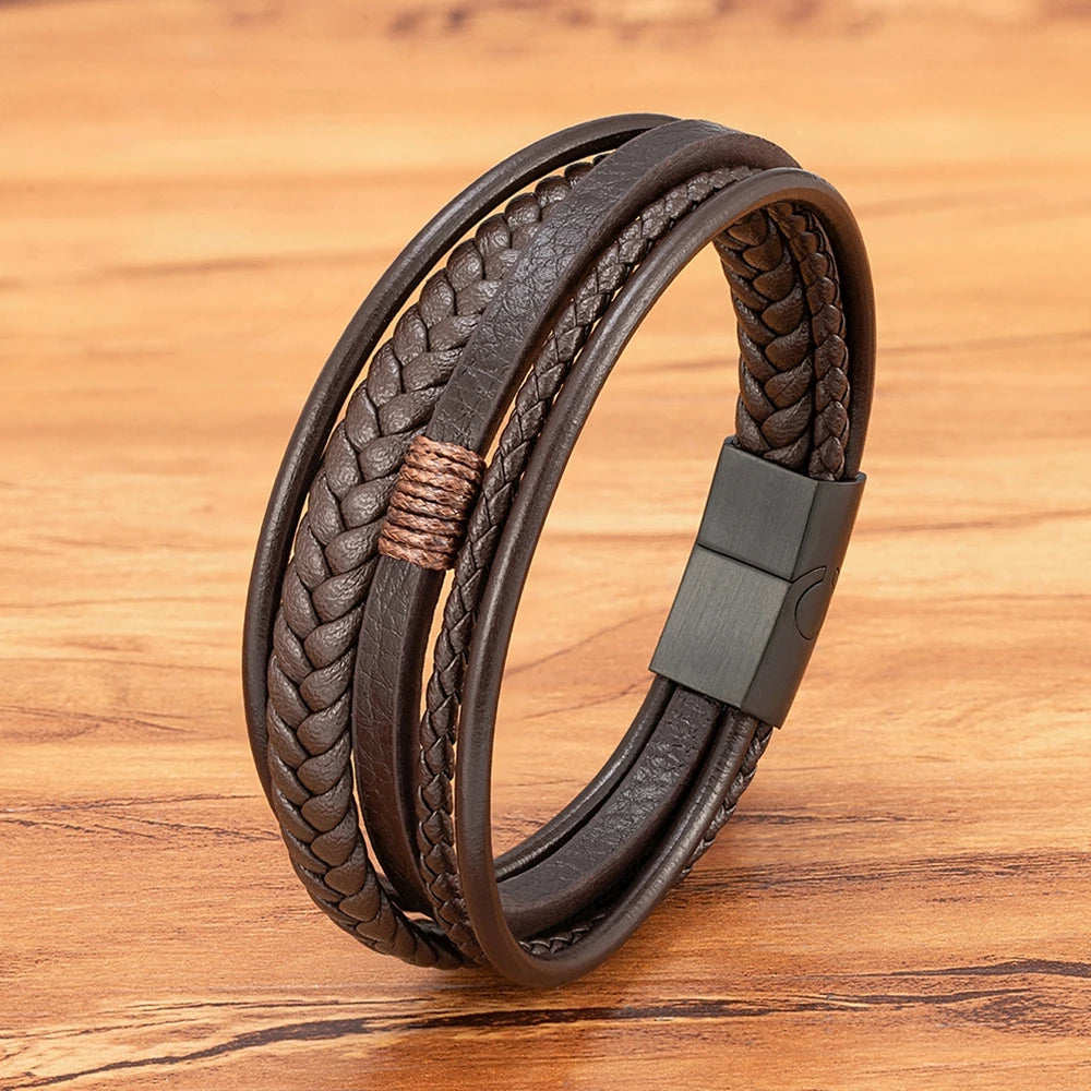 XQNI Luxury Fashion Hand-Woven Leather Bracelet Multilayer Men's Bangles Stainless Steel Magnetic Buckle Party Jewelry Gift