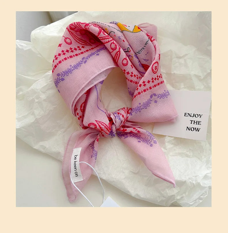 Women's Silk Scarf Fresh Breathable Soft Artistic Decorative Small Silk Scarf Retro Versatile Floral Cotton Linen Square Scarf