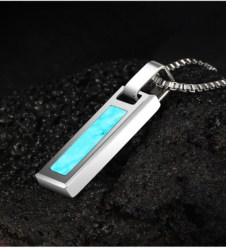 Necklace for Men Natural Turquoise Pendant High end Trendy Brand Tungsten Black Agate Fashion Versatile，Engraving