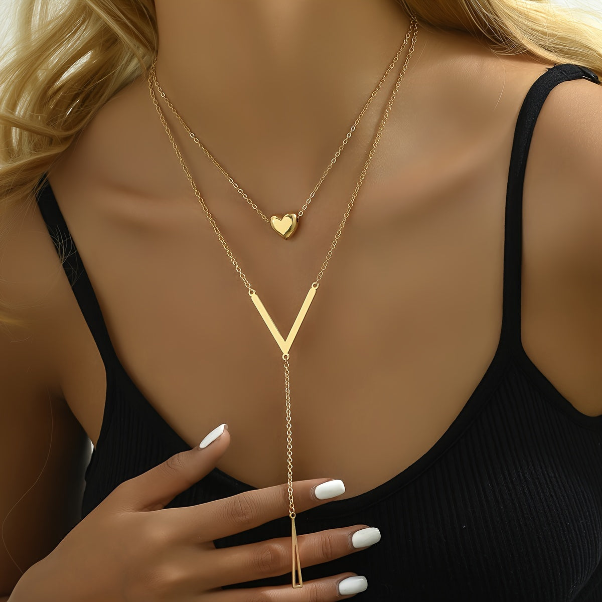 Golden Heart Letter V Design Y-Necklace Simple Sexy Style Alloy Jewelry Trendy Pendant Necklace For Female