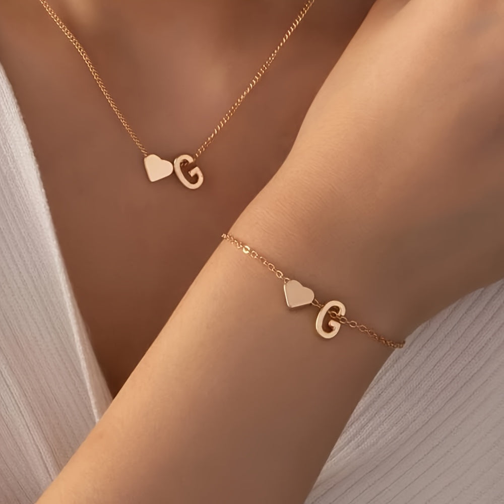 A Stylish And Minimalist Two-Piece Set Featuring a Metal Heart And English Letter Necklace And Bracelet, Perfect for Everyday Commuting Wear.
