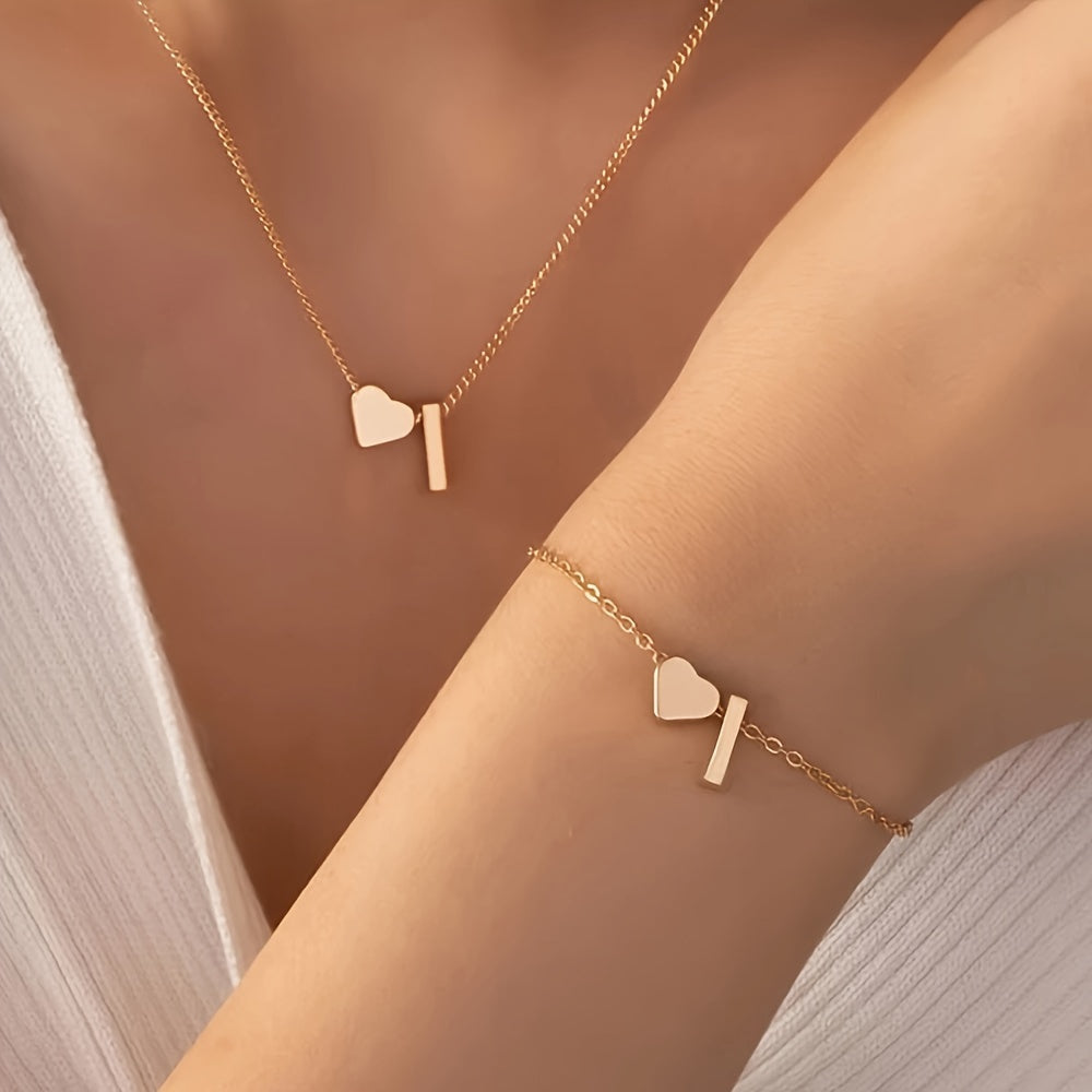 A Stylish And Minimalist Two-Piece Set Featuring a Metal Heart And English Letter Necklace And Bracelet, Perfect for Everyday Commuting Wear.