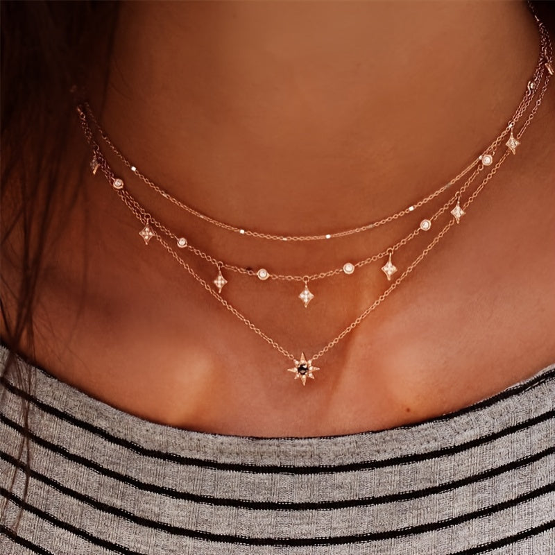 Cute Star Pendant Necklace Trendy Layered Golden Alloy Collarbone Chain Boho Jewelry For Women  for eid, ramadan