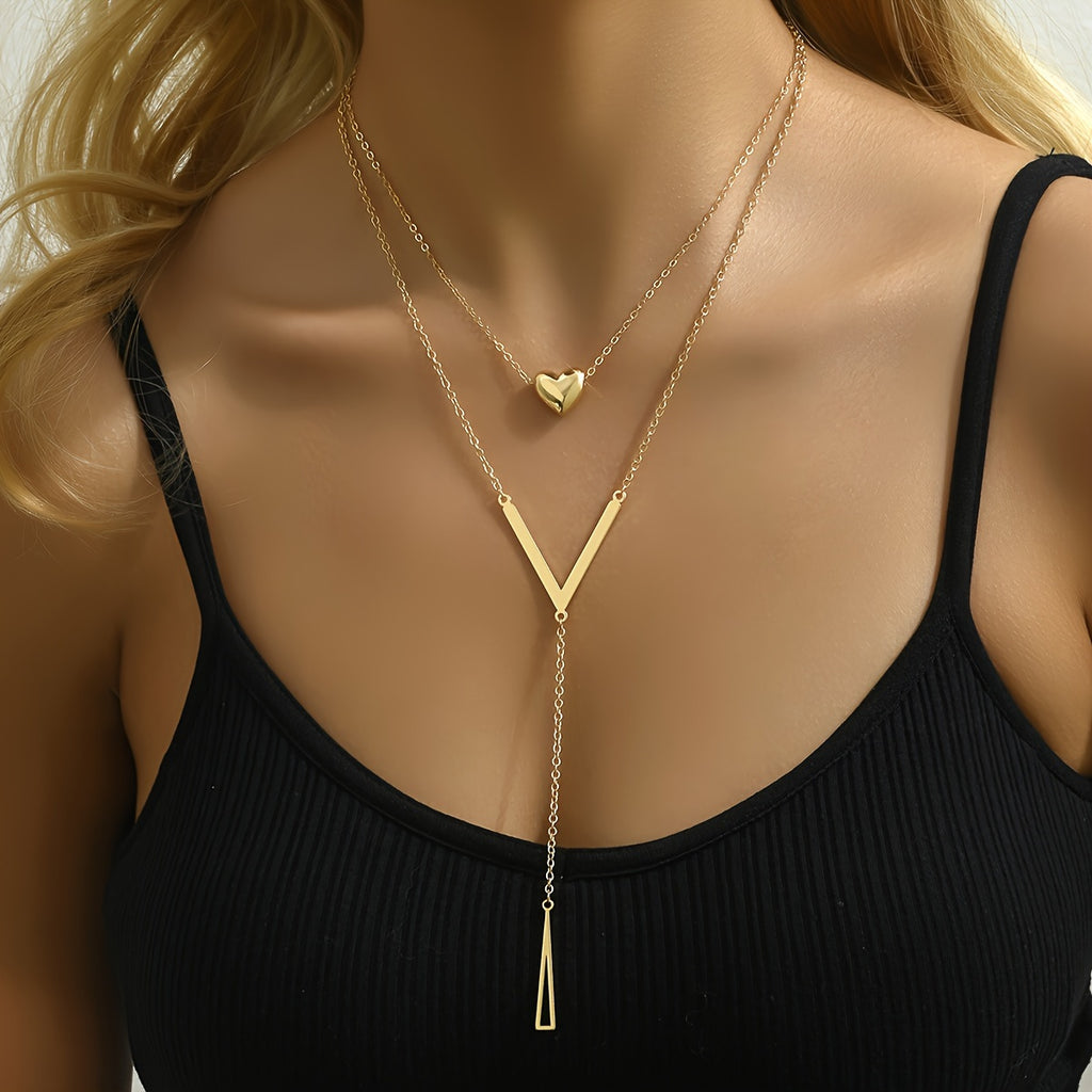 Golden Heart Letter V Design Y-Necklace Simple Sexy Style Alloy Jewelry Trendy Pendant Necklace For Female