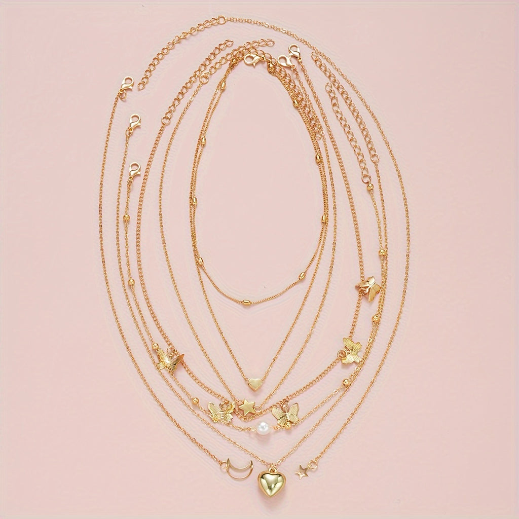 6-Piece Y2K Layered Necklace Set, Simple & Elegant Moon, Star, Butterfly Pendants, Vacation Style, Women's Accessory For Dating & Everyday Outfits Gifts For Eid